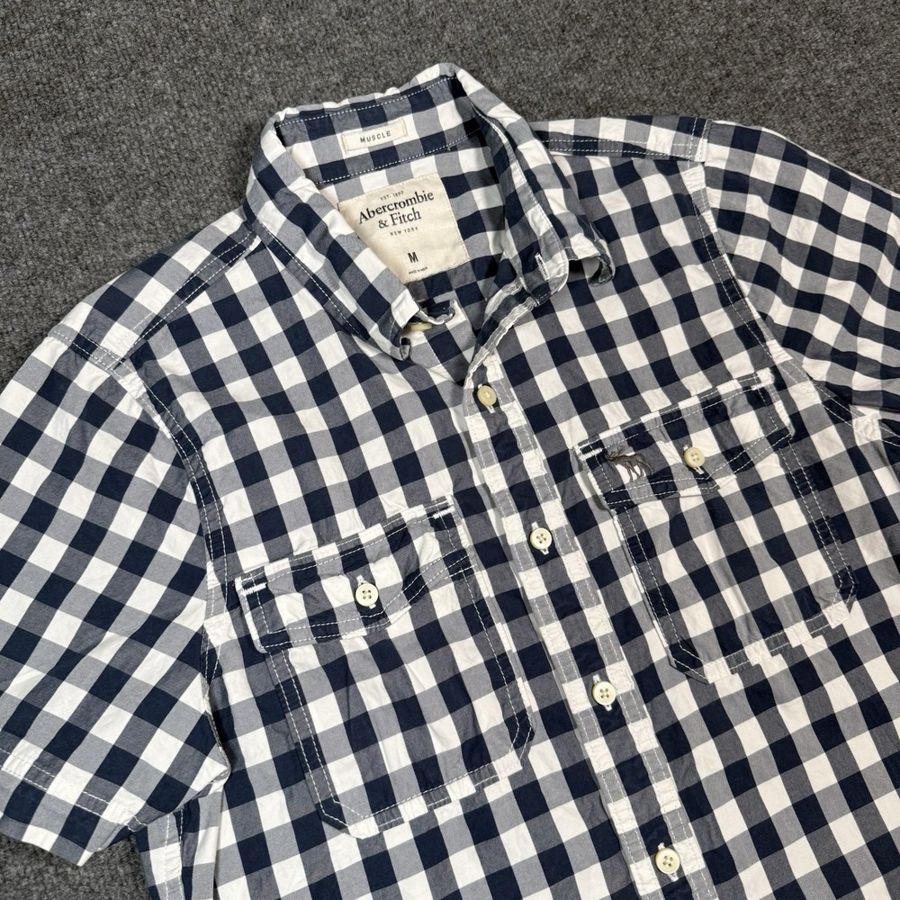 Abercrombie Fitch Muscle Fit Navy Blue Check Long Sleeve Button Down Shirt Men M